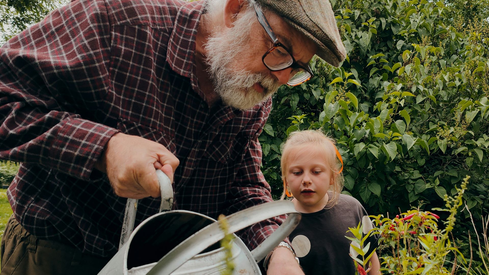 a man and a child looking at a plant