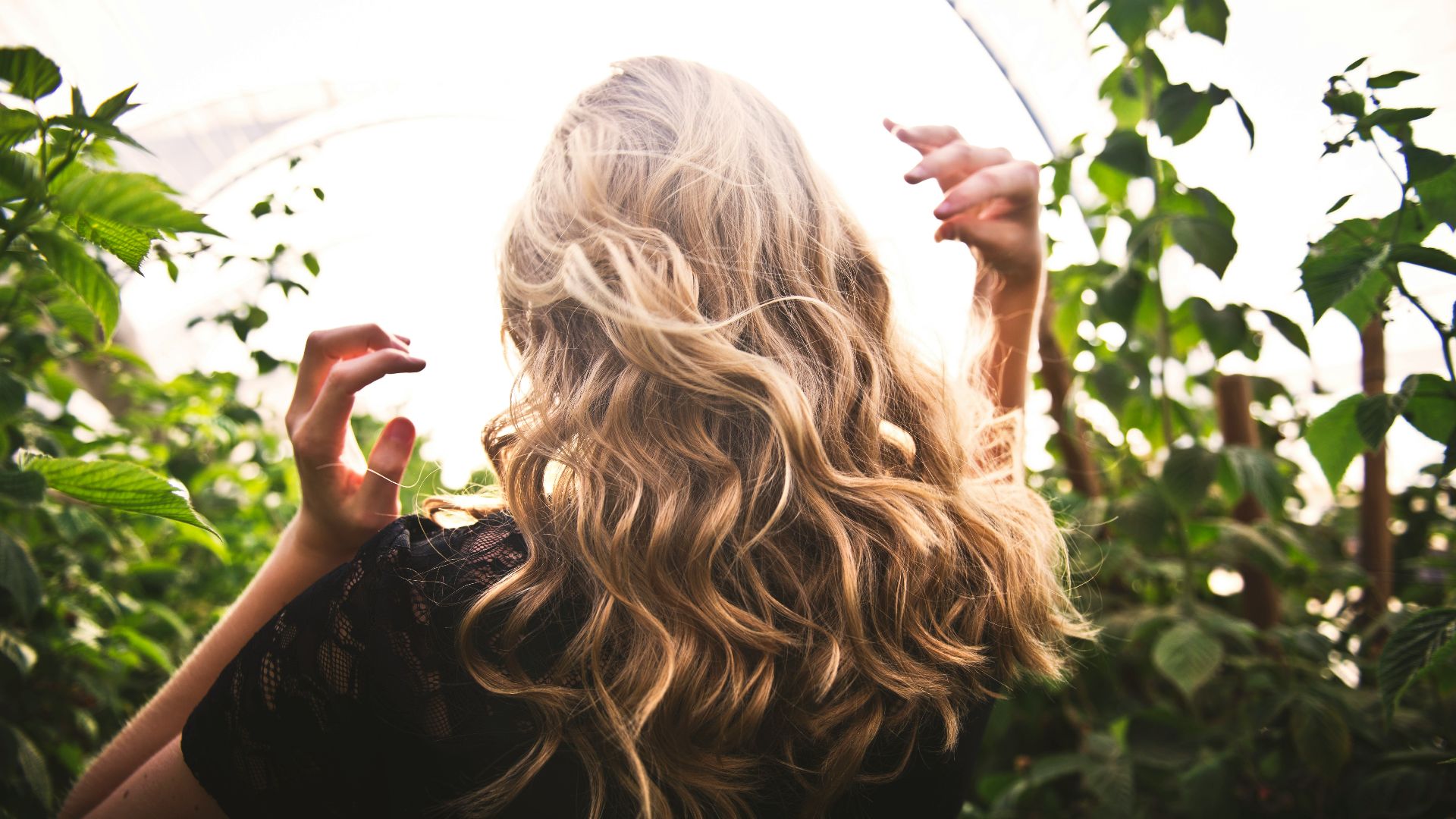 blonde haired woman in black top surrounded by tall plants
