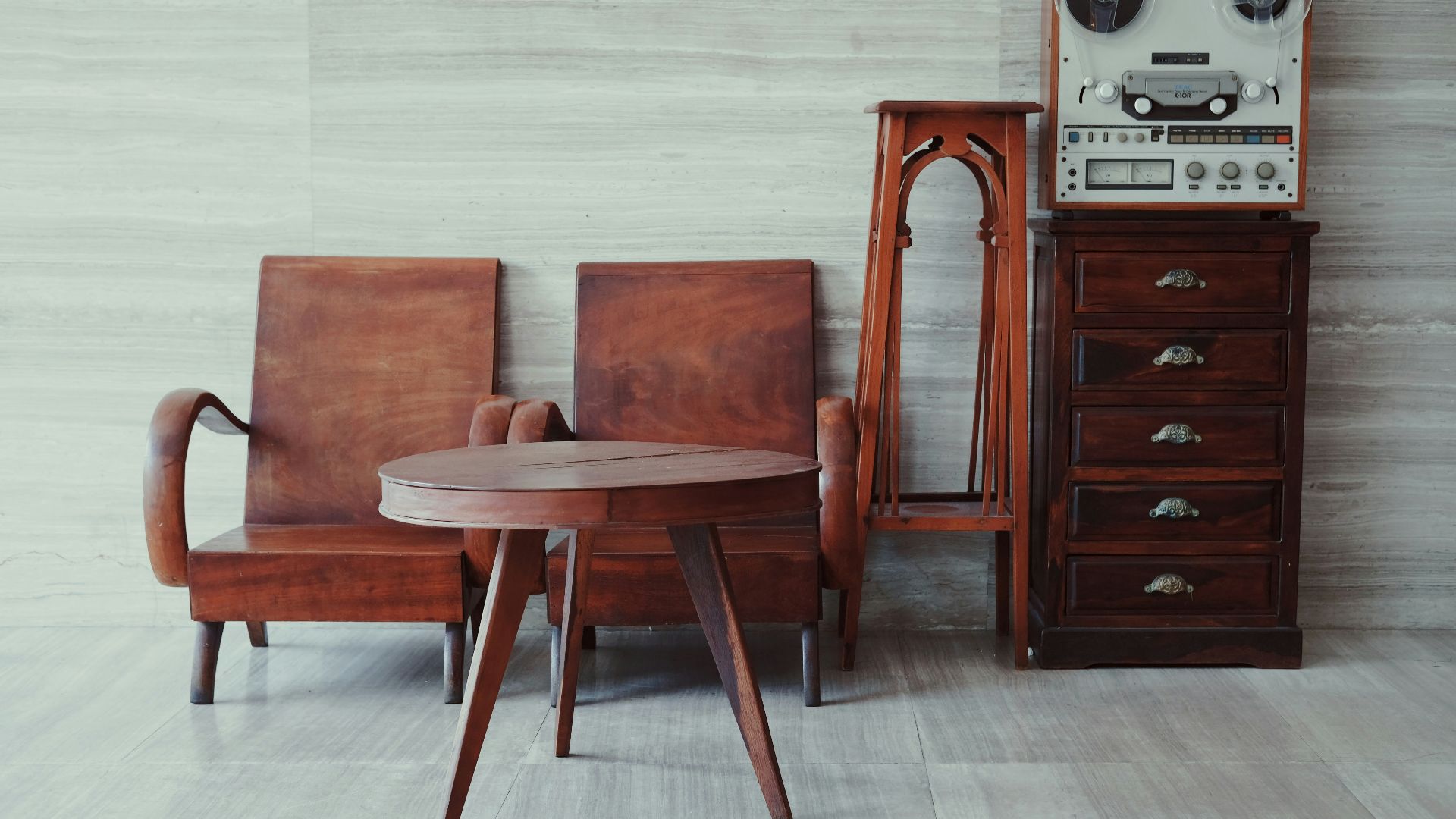 brown wooden chairs, table, and cabinet