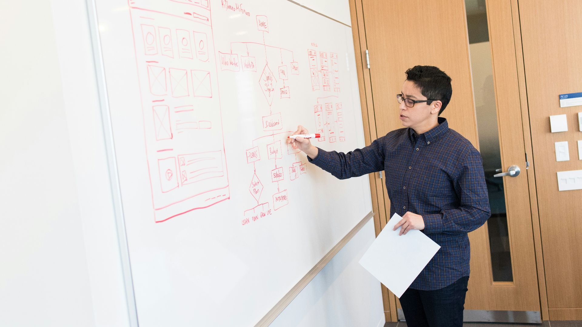 man in black dress shirt writing on dry-erase board