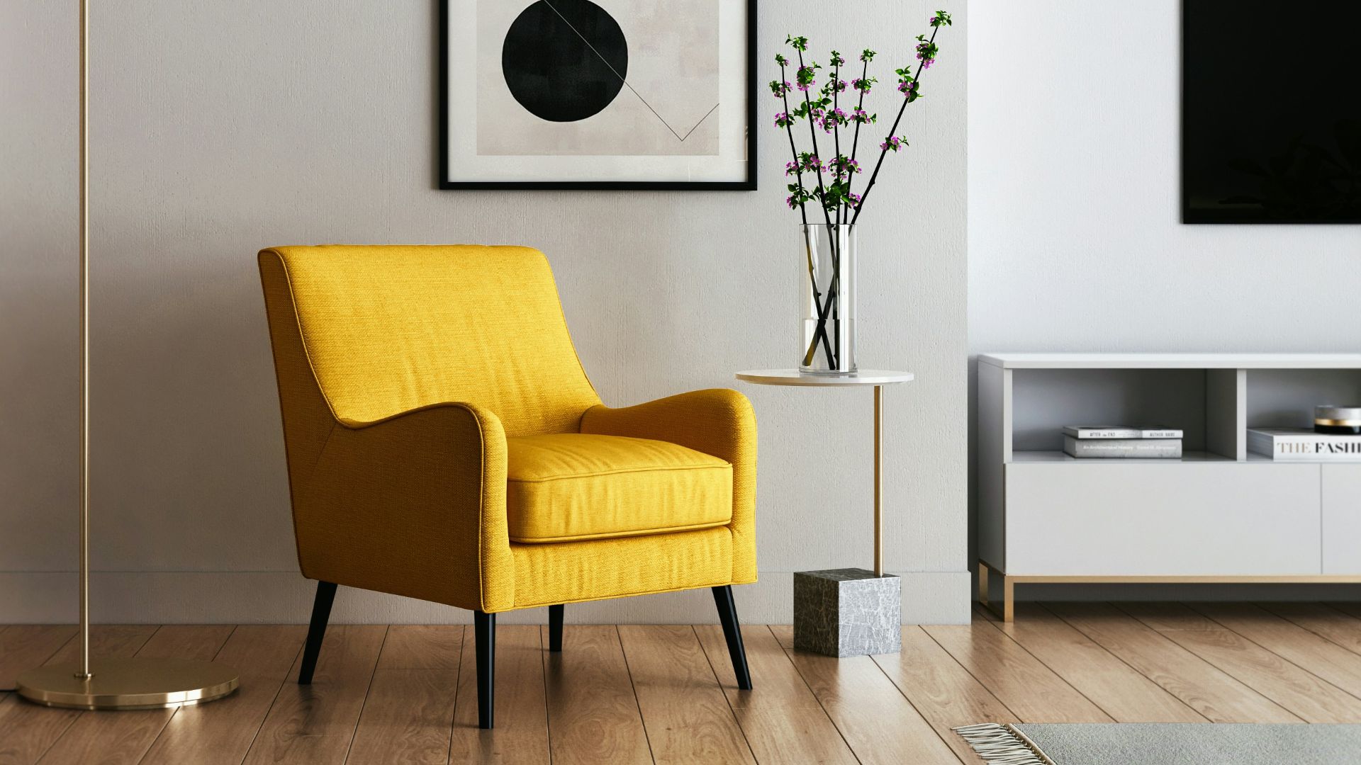 brown wooden framed yellow padded chair