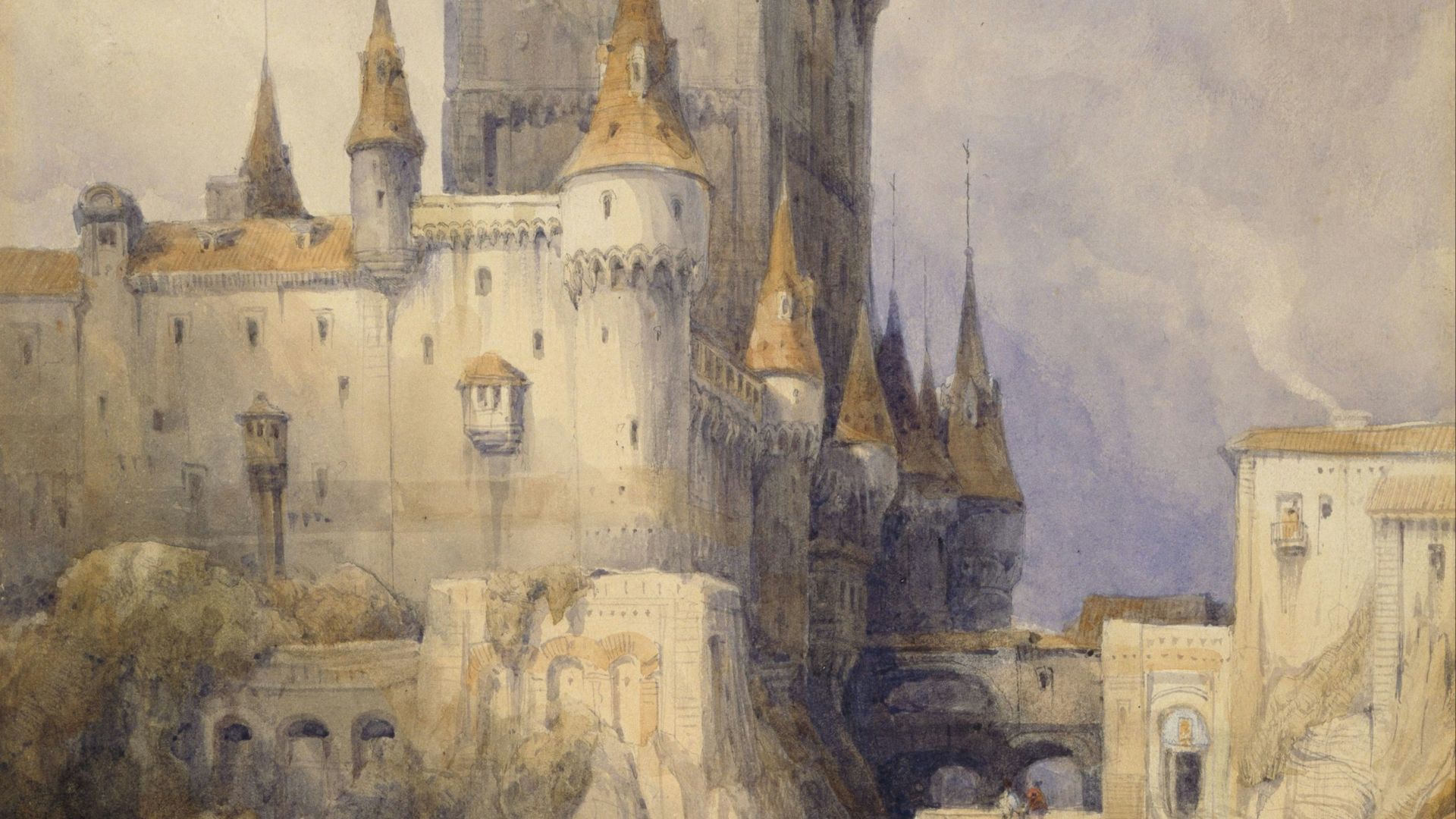 a painting of a castle on a hill