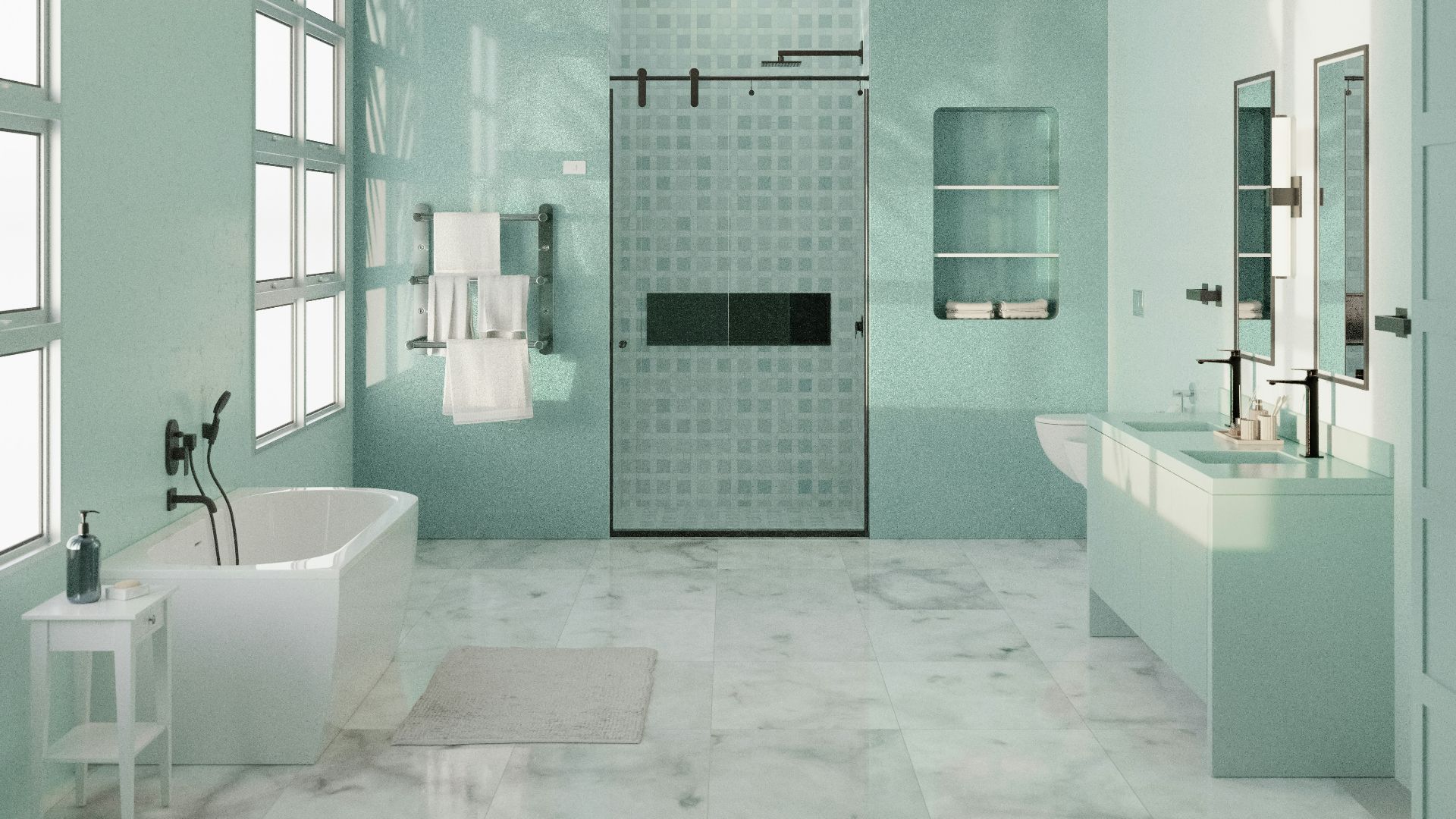 A large bathroom with a tub, sink, and shower