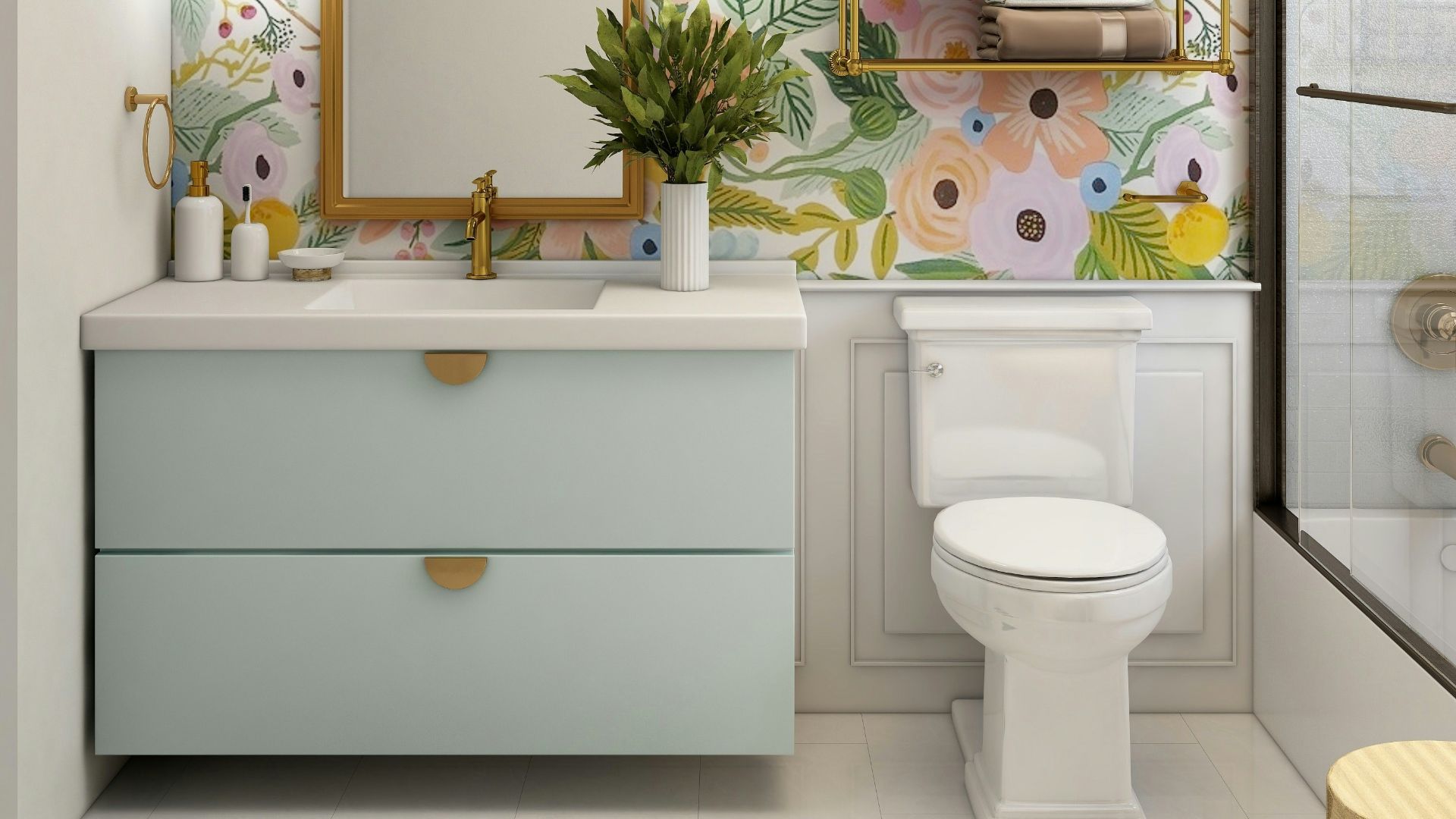 a bathroom with a floral wallpaper and a white toilet