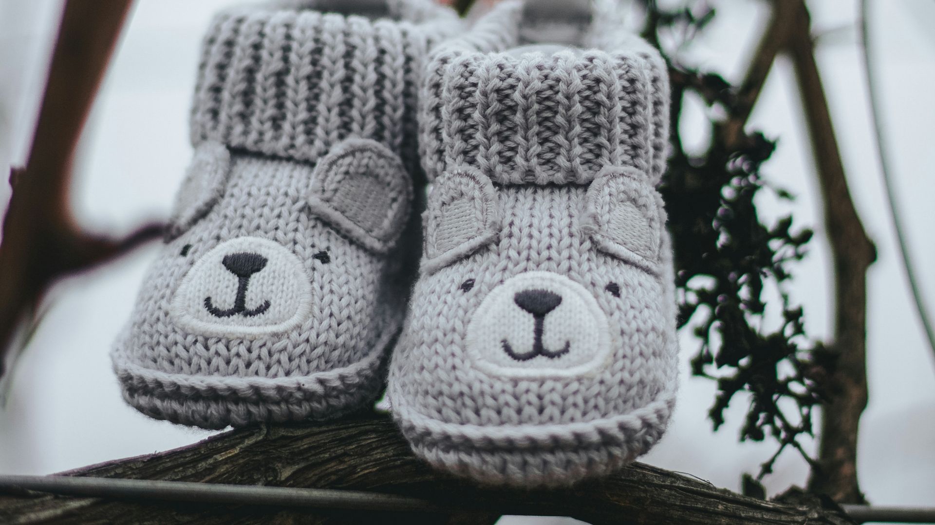 pair of grey knit shoes on tree branch