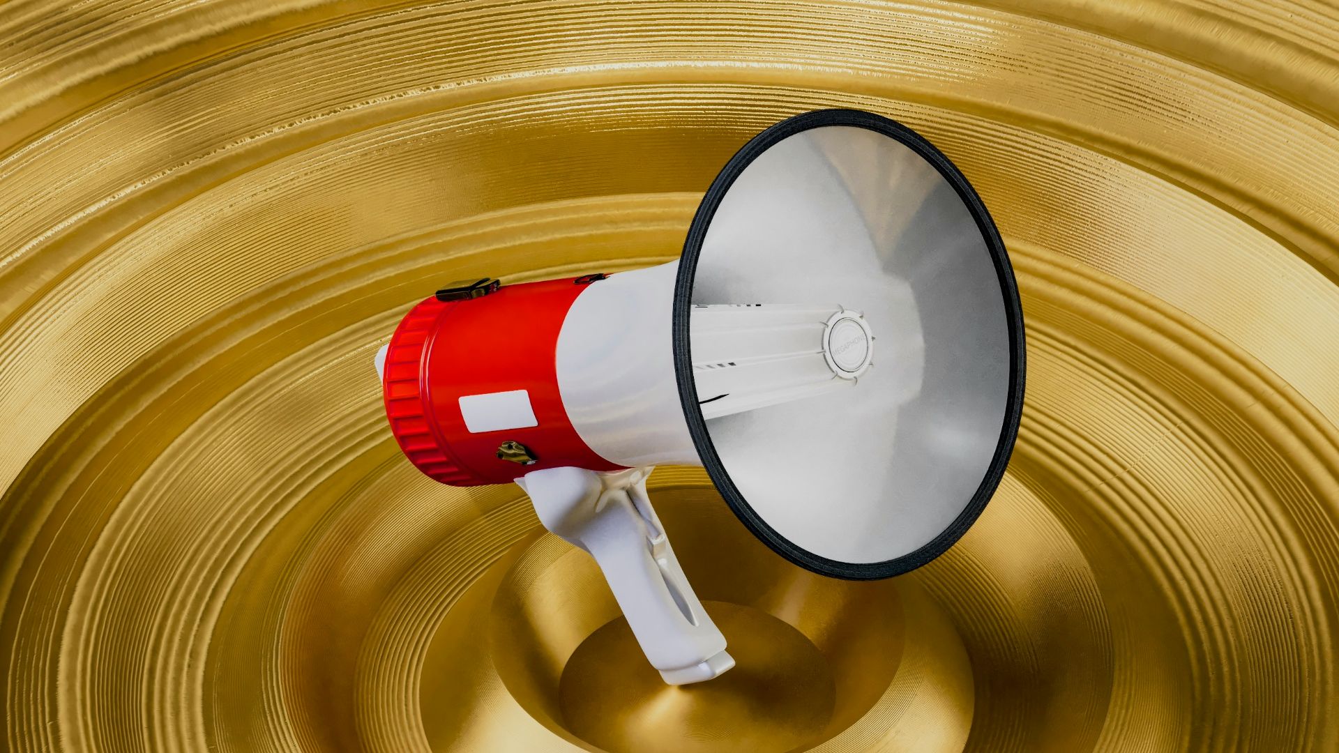 A red and white bullhorn is in a golden bowl