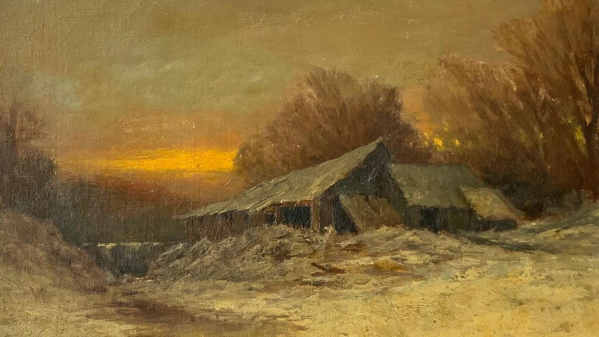 File:Thomas Lochlan Smith - An Antique oil painting on canvas of a shack in the woods at sunset.jpg
