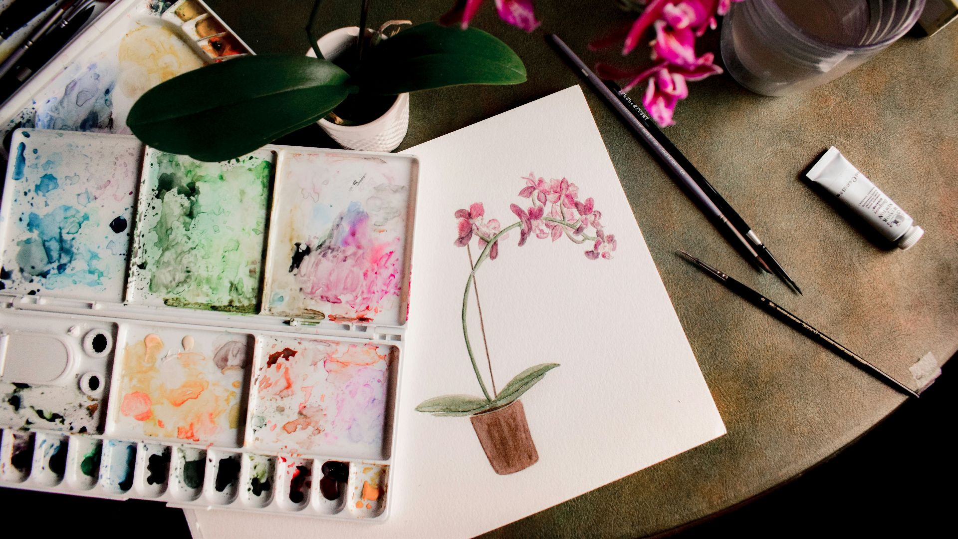 white pink and green floral painting