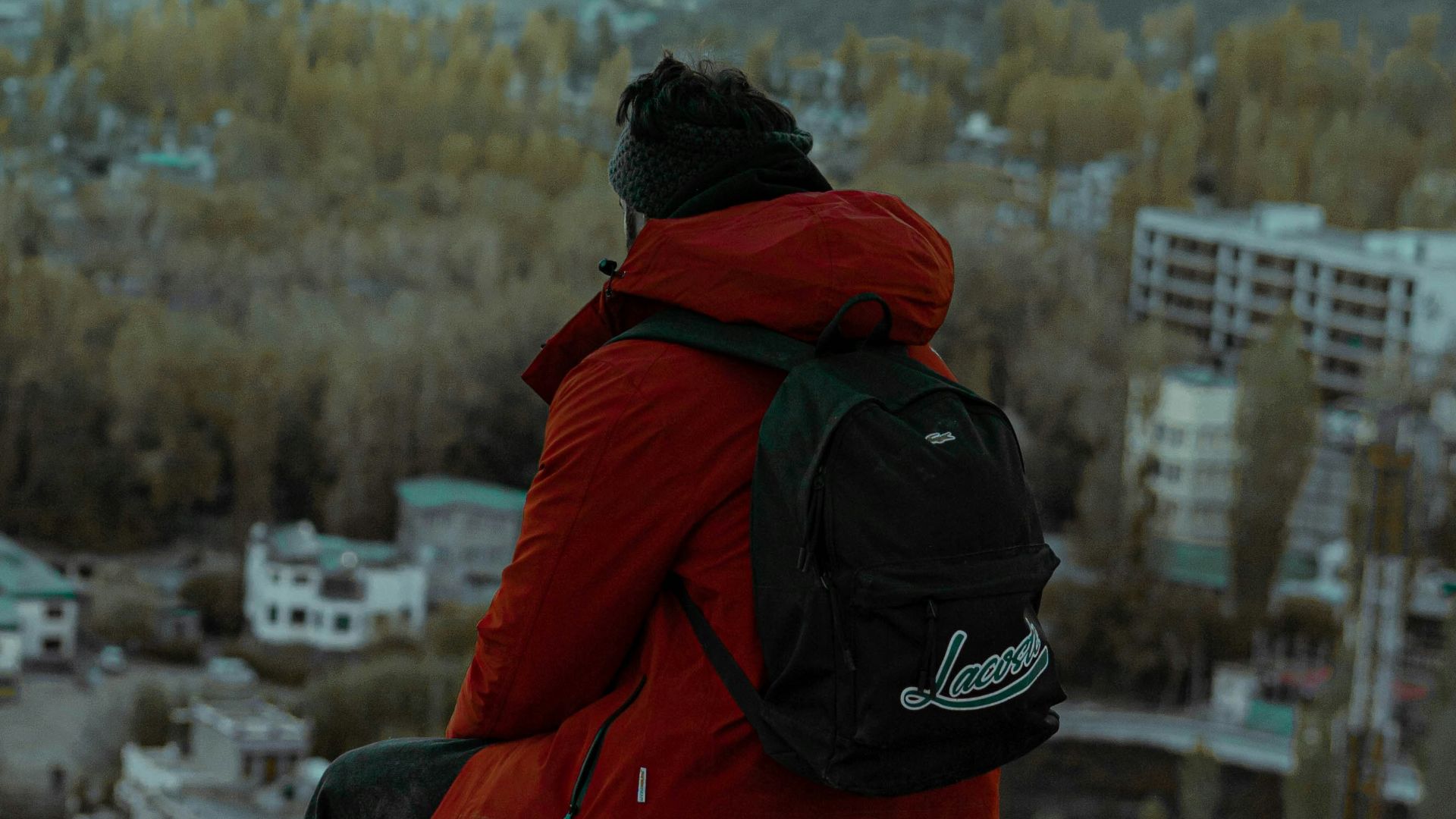 a person sitting on a ledge overlooking a city
