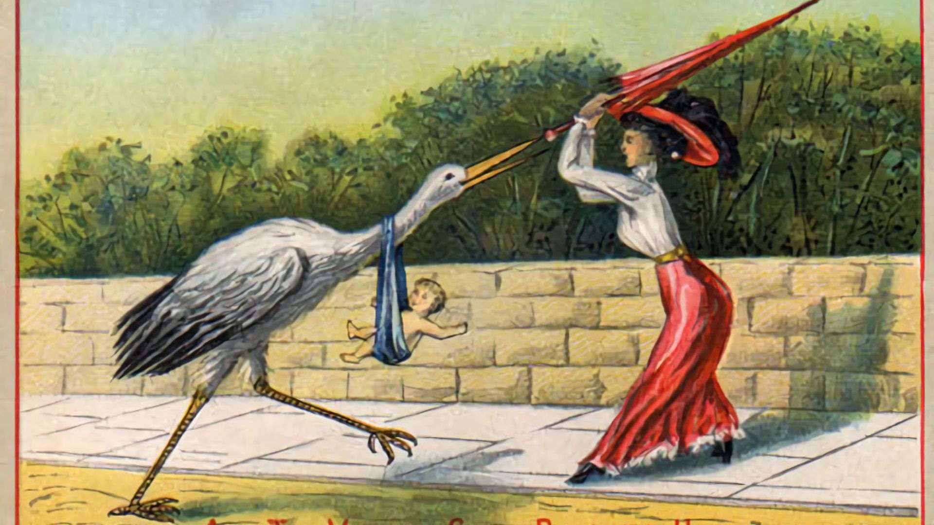 File:Victorian Postcard - woman hitting stork with parasol.jpg