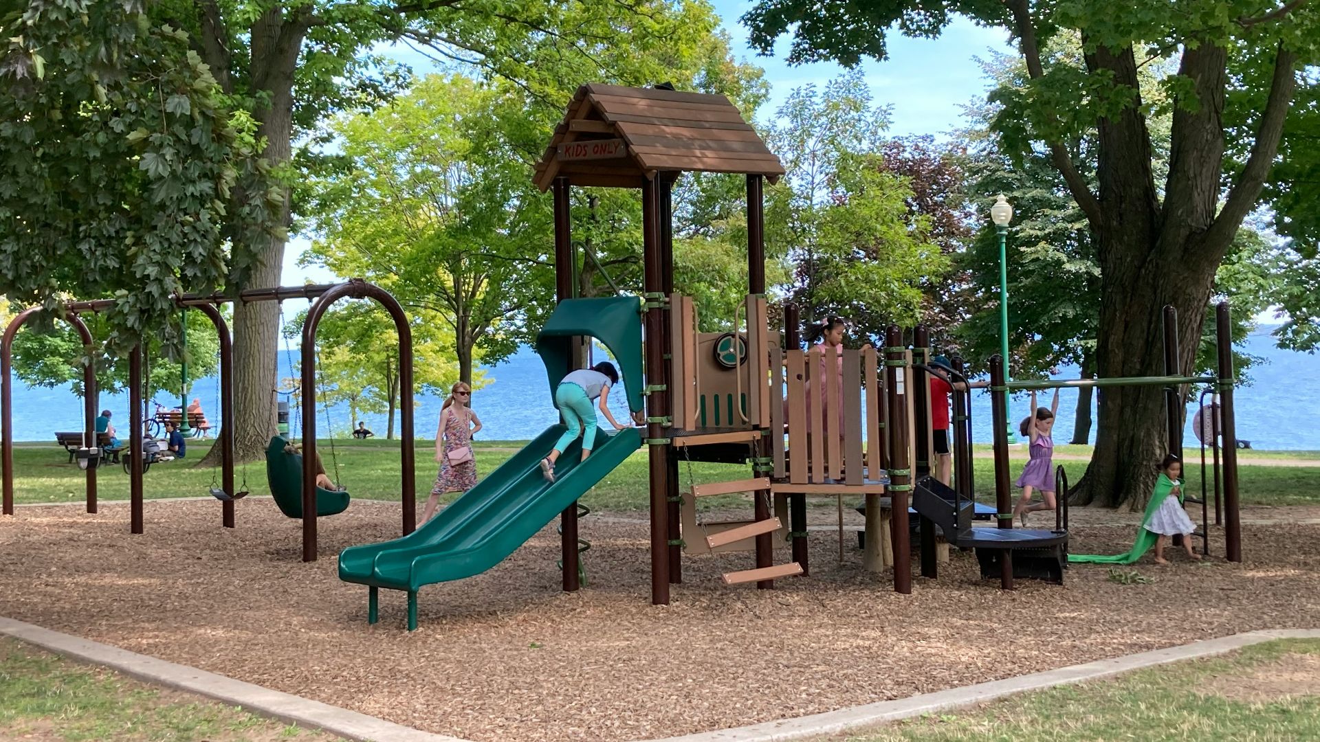 brown wooden playground surrounded by green trees during daytime