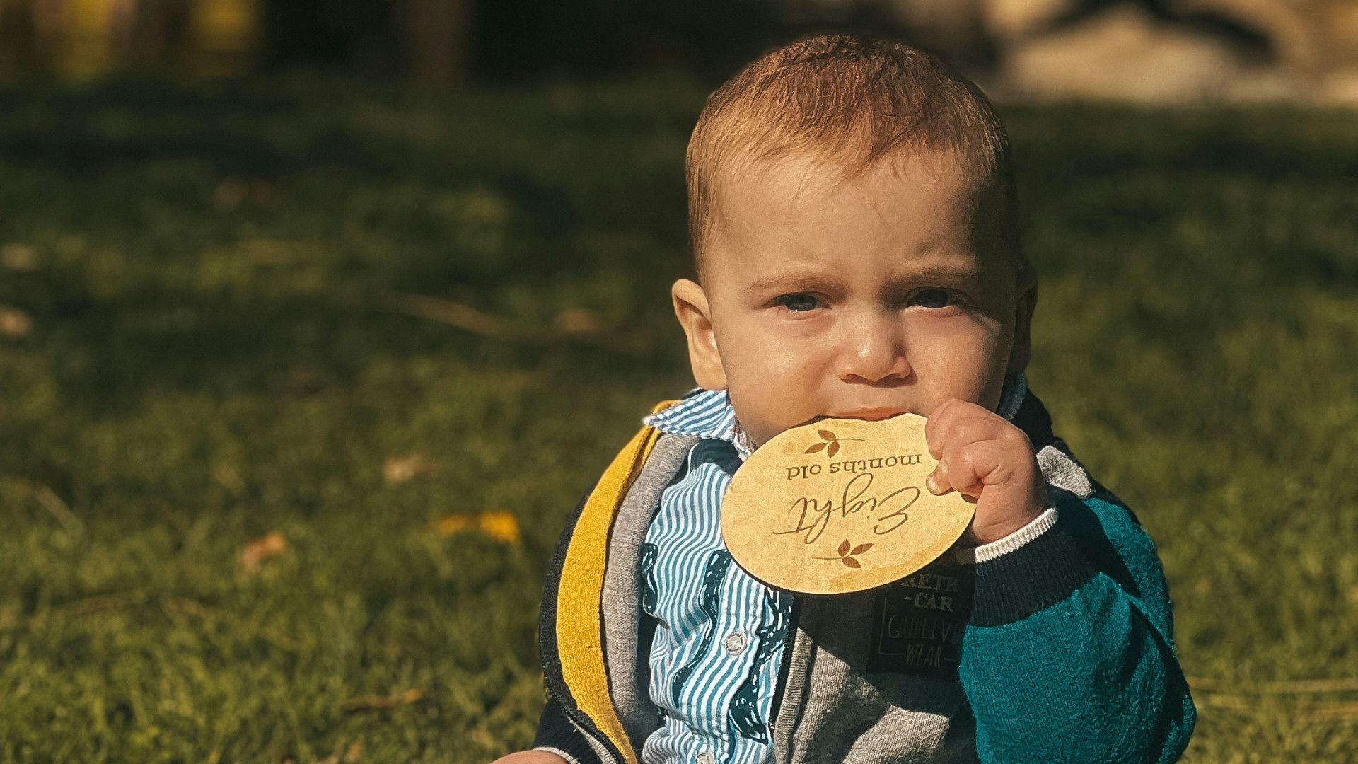 a baby sitting in the grass with a medal in his mouth