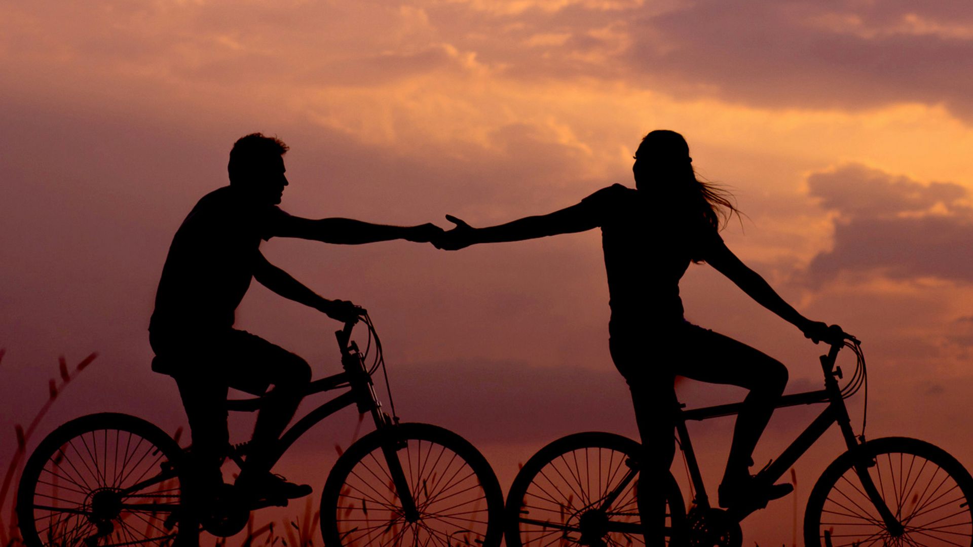 woman on bike reaching for man's hand behind her also on bike