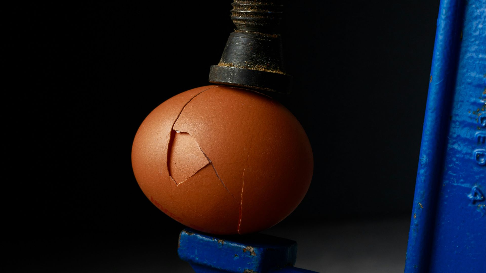 a broken egg sitting on top of a blue object