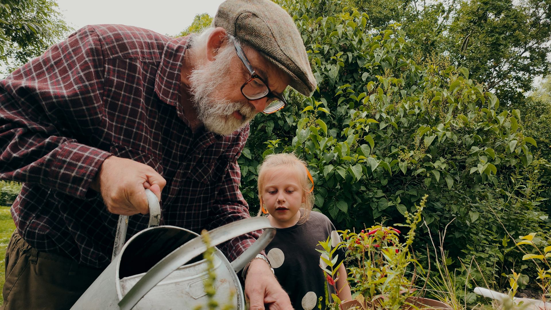 a man and a child looking at a plant