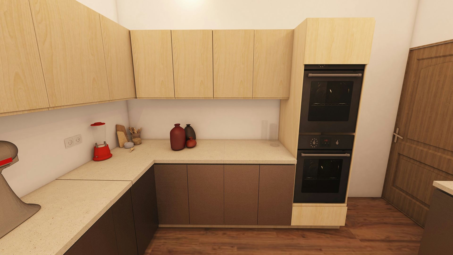 A modern kitchen with wooden cabinets and ovens.