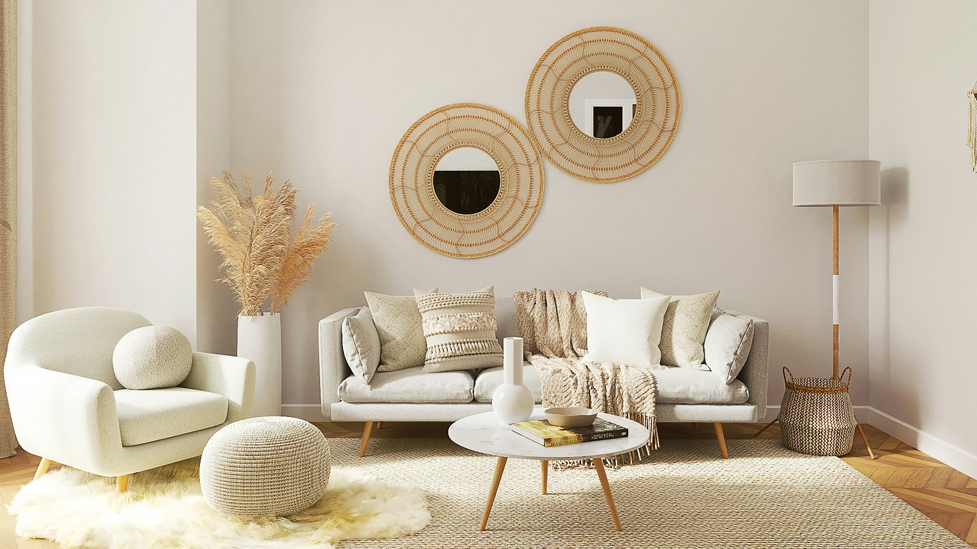 a living room filled with furniture and a mirror