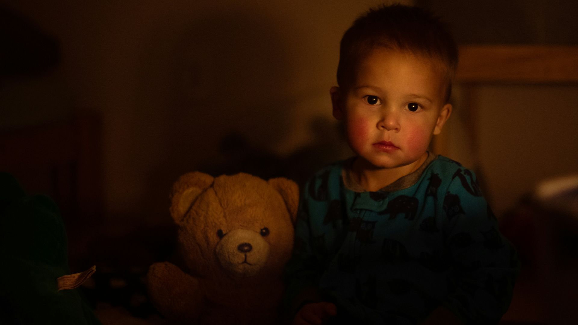 boy in blue and white shirt beside brown bear plush toy