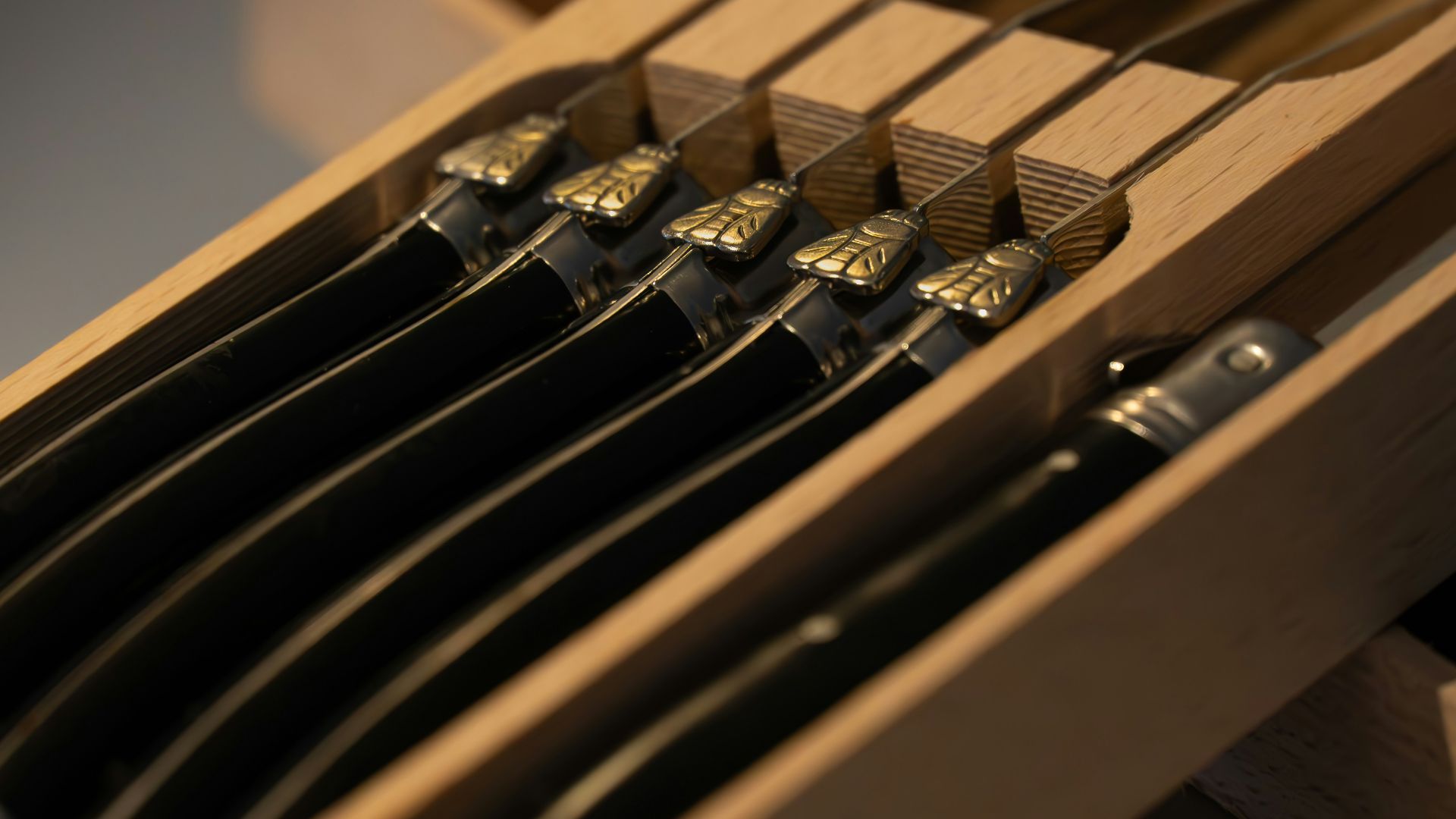 a close up of a guitar in a wooden case