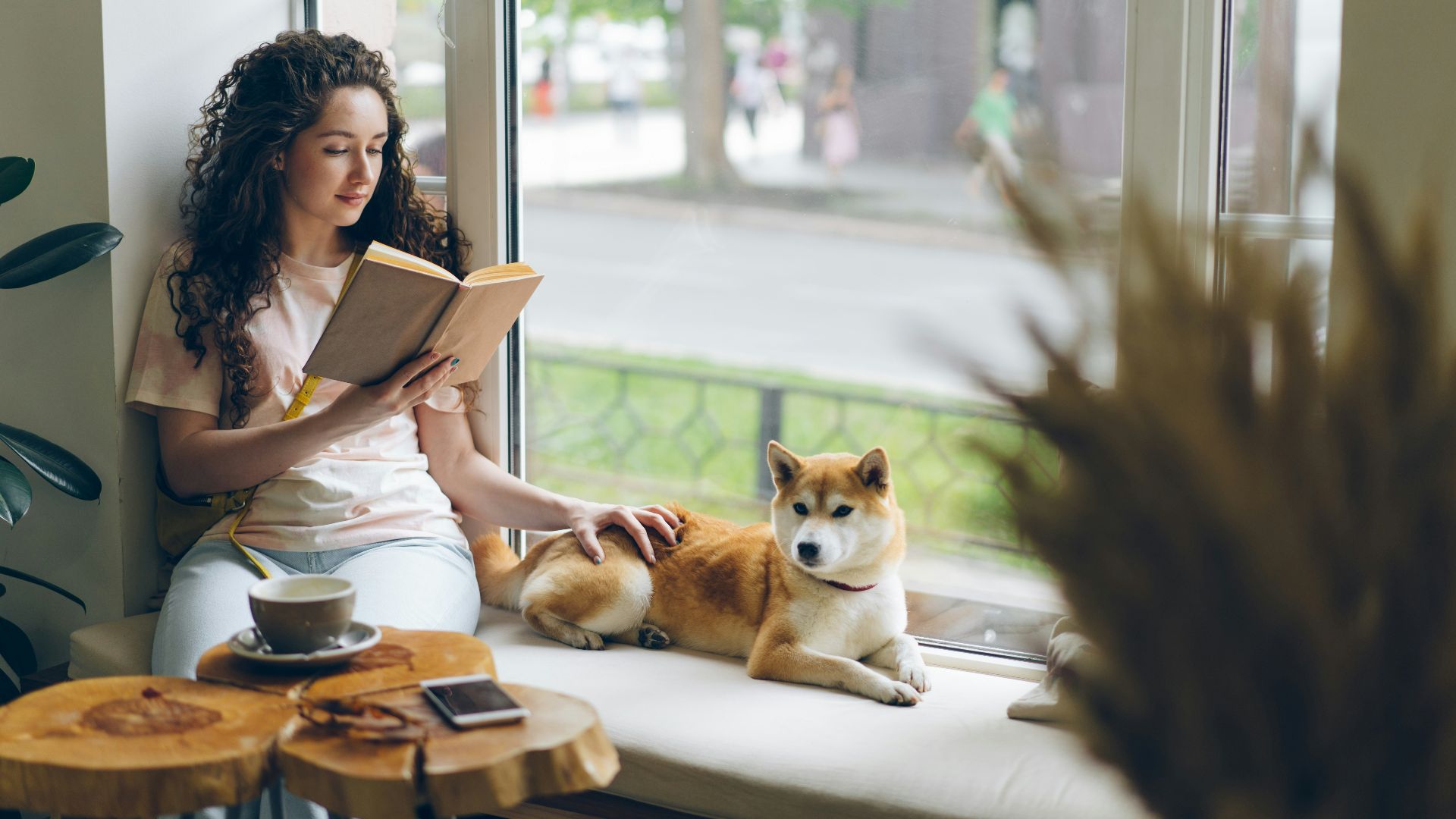 a woman sitting on a window sill reading a book next to a dog