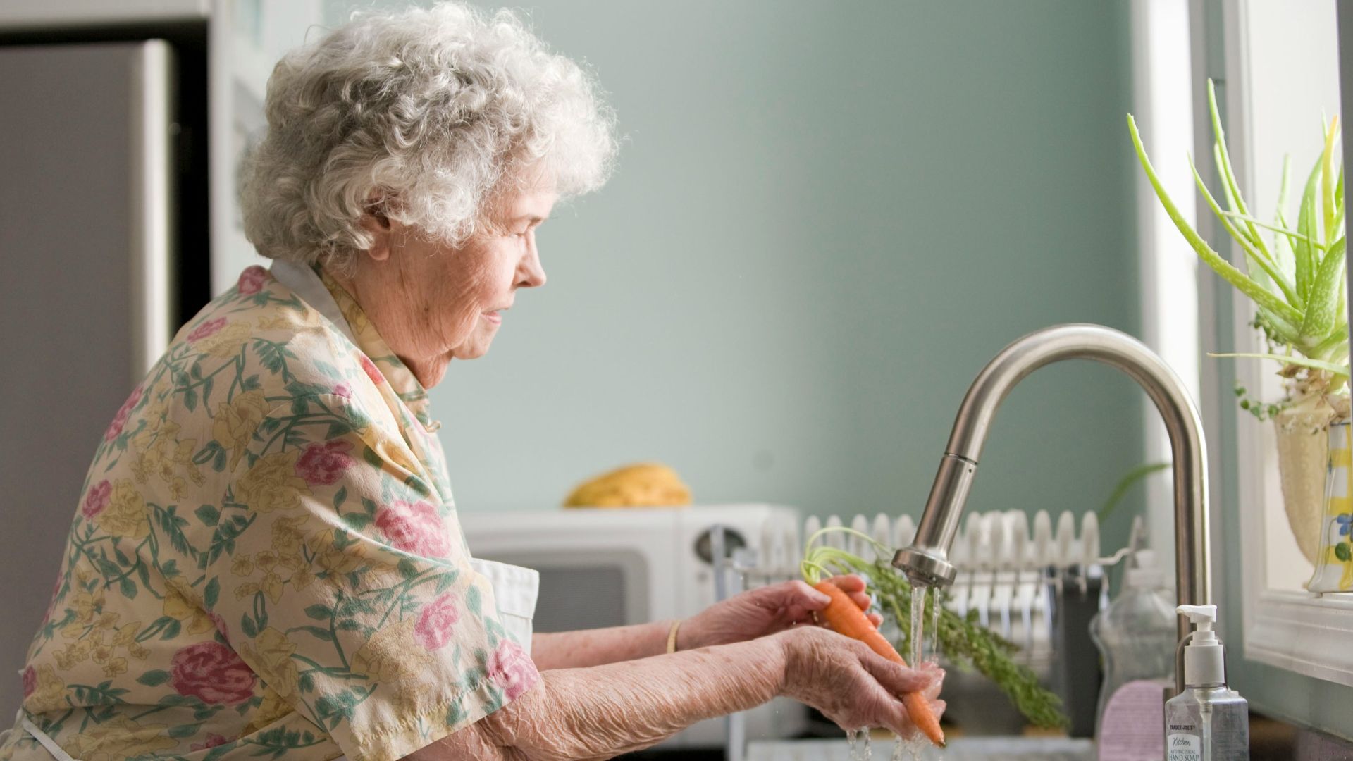 woman wearing yellow and pink floral dress wahing carrots