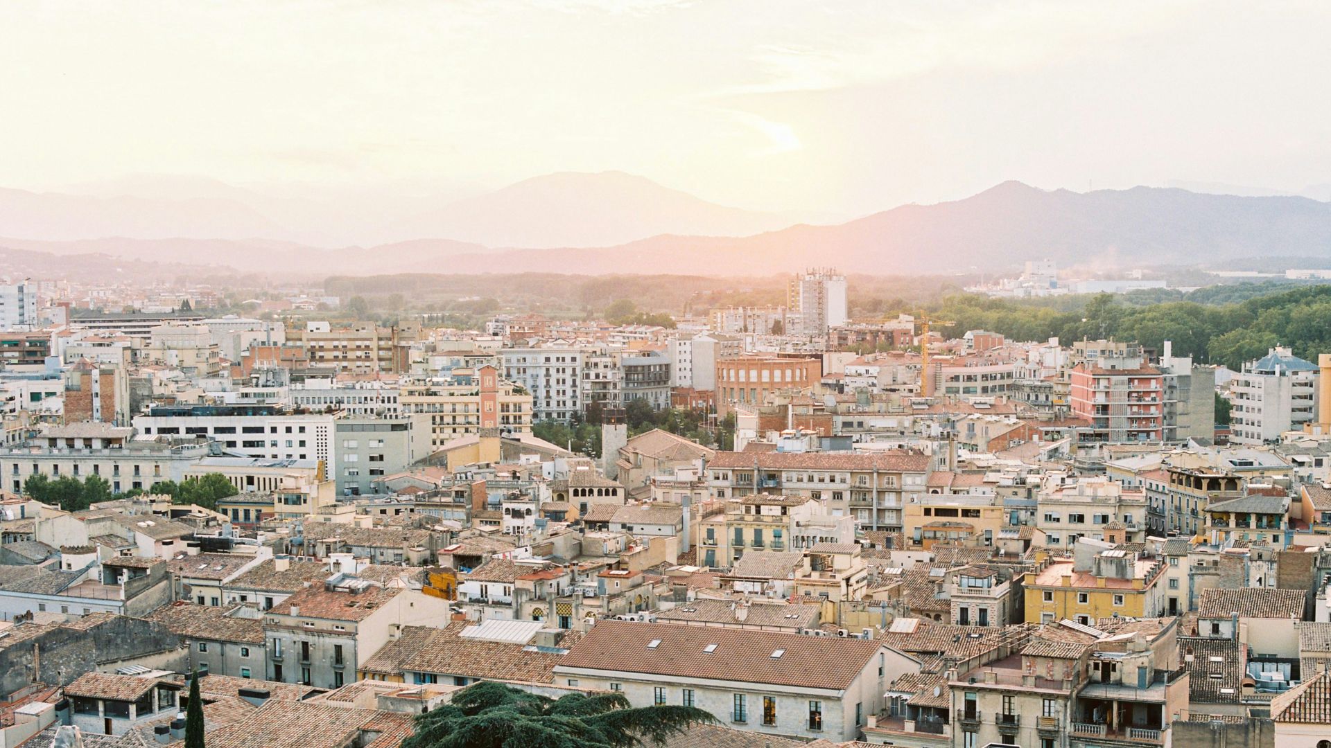 city buildings with brown tiled roofs under grey sky
