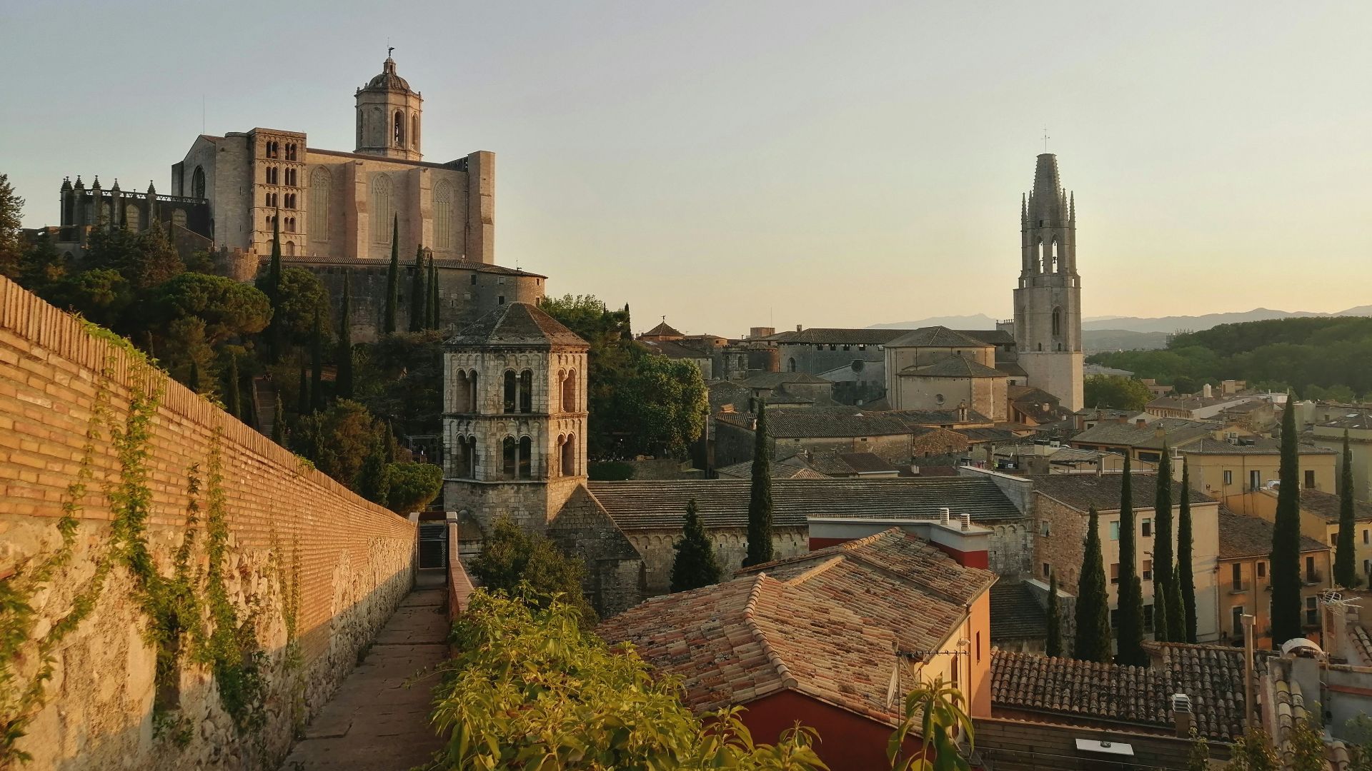 a city with a brick wall