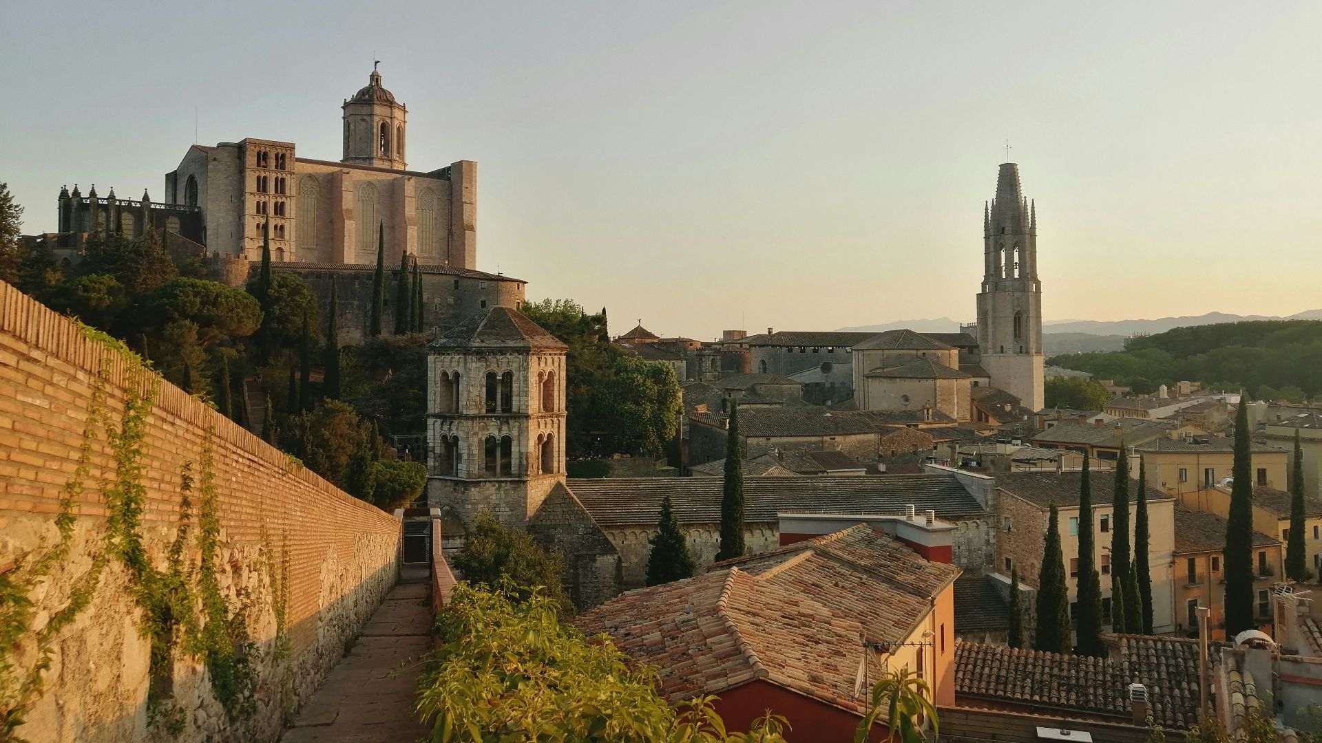 a city with a brick wall