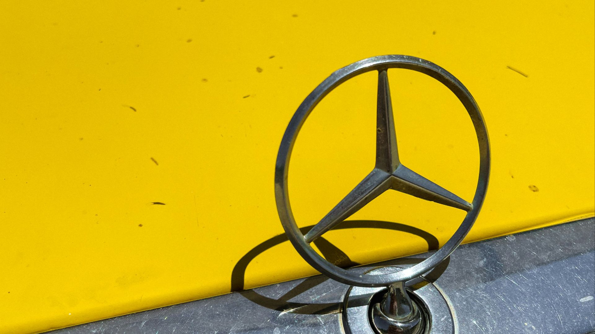 a mercedes emblem on the hood of a yellow car