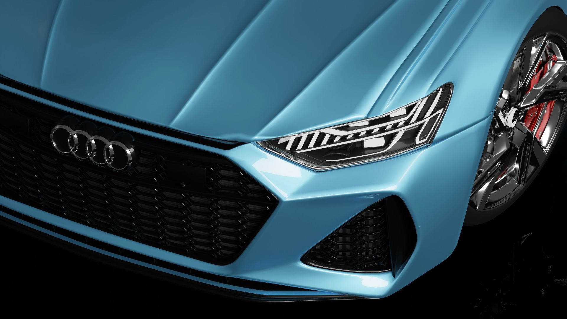 a close up of the front of a blue car