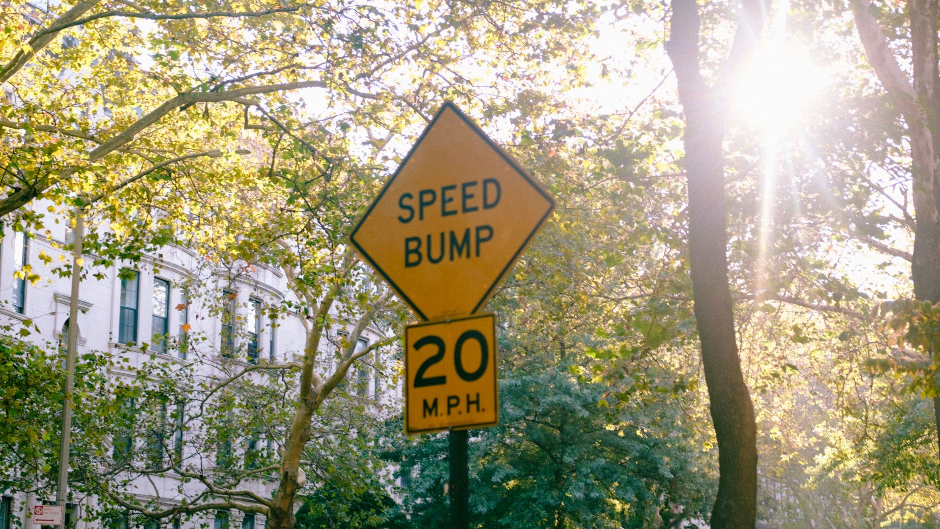 a speed bump sign on a street corner