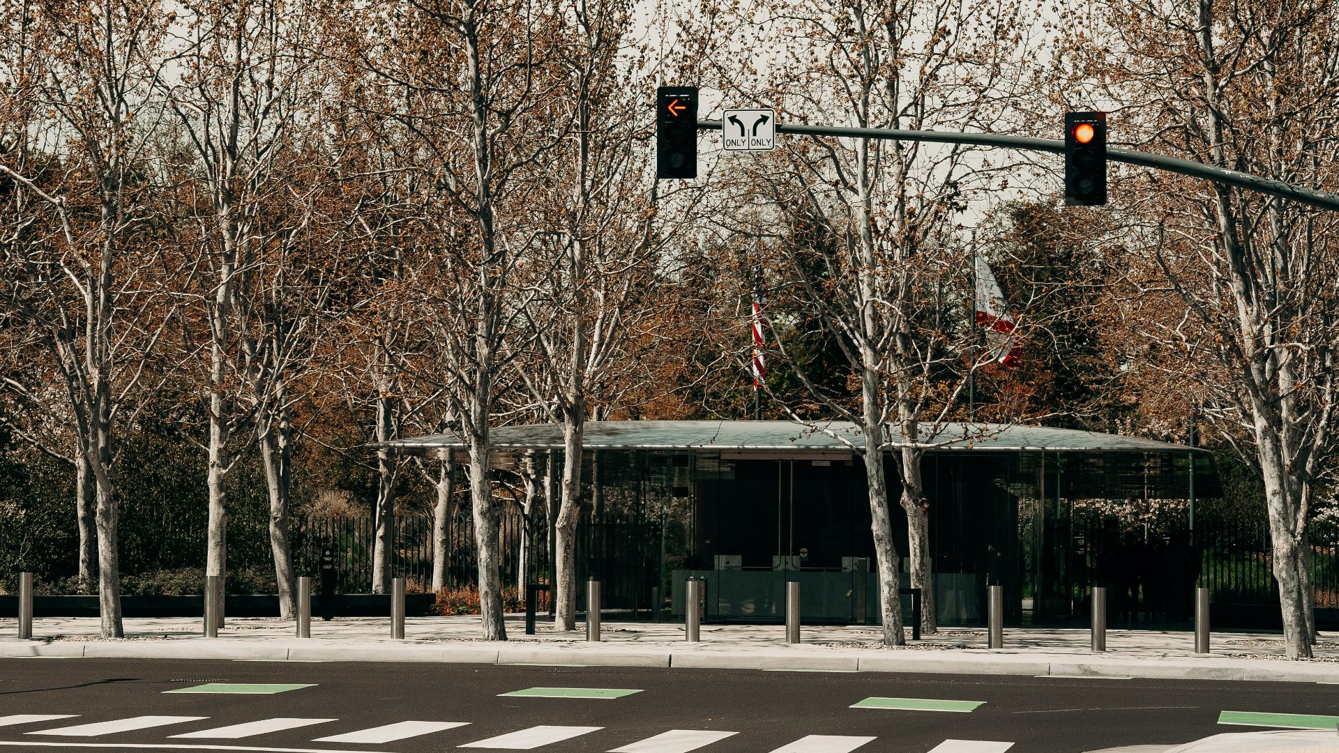 a traffic light hanging over a street next to trees