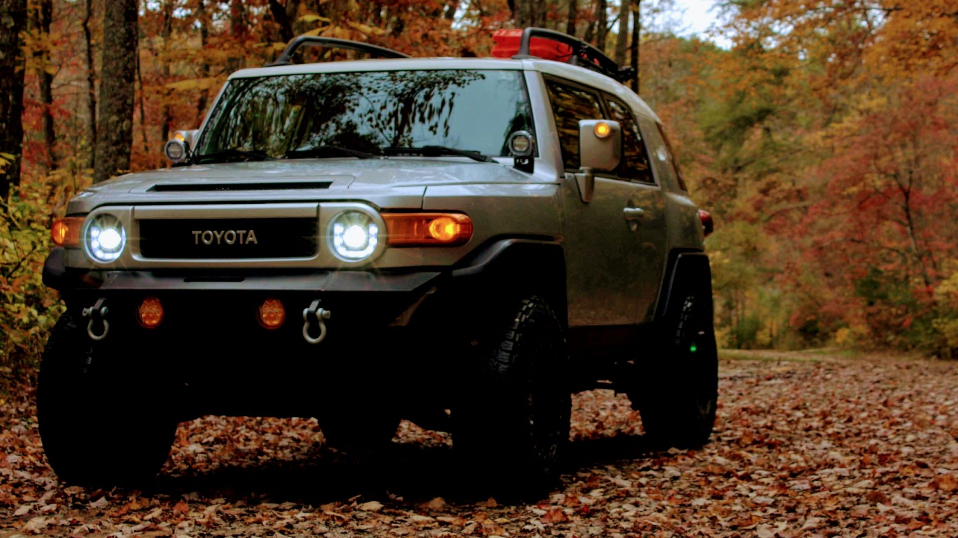 a truck is parked on a leaf covered road