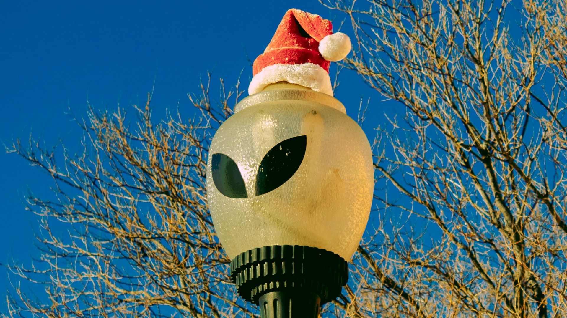 a street light with a santa hat on top of it