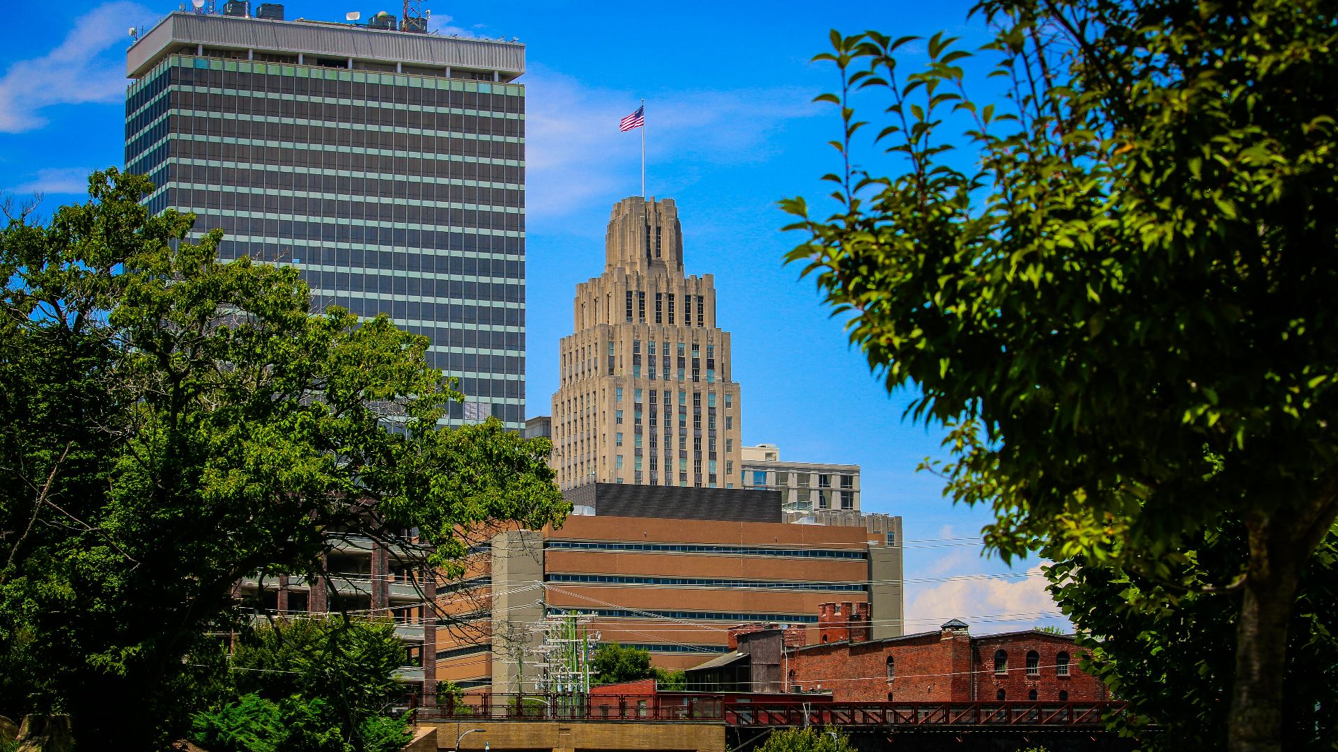 a view of a city from a park