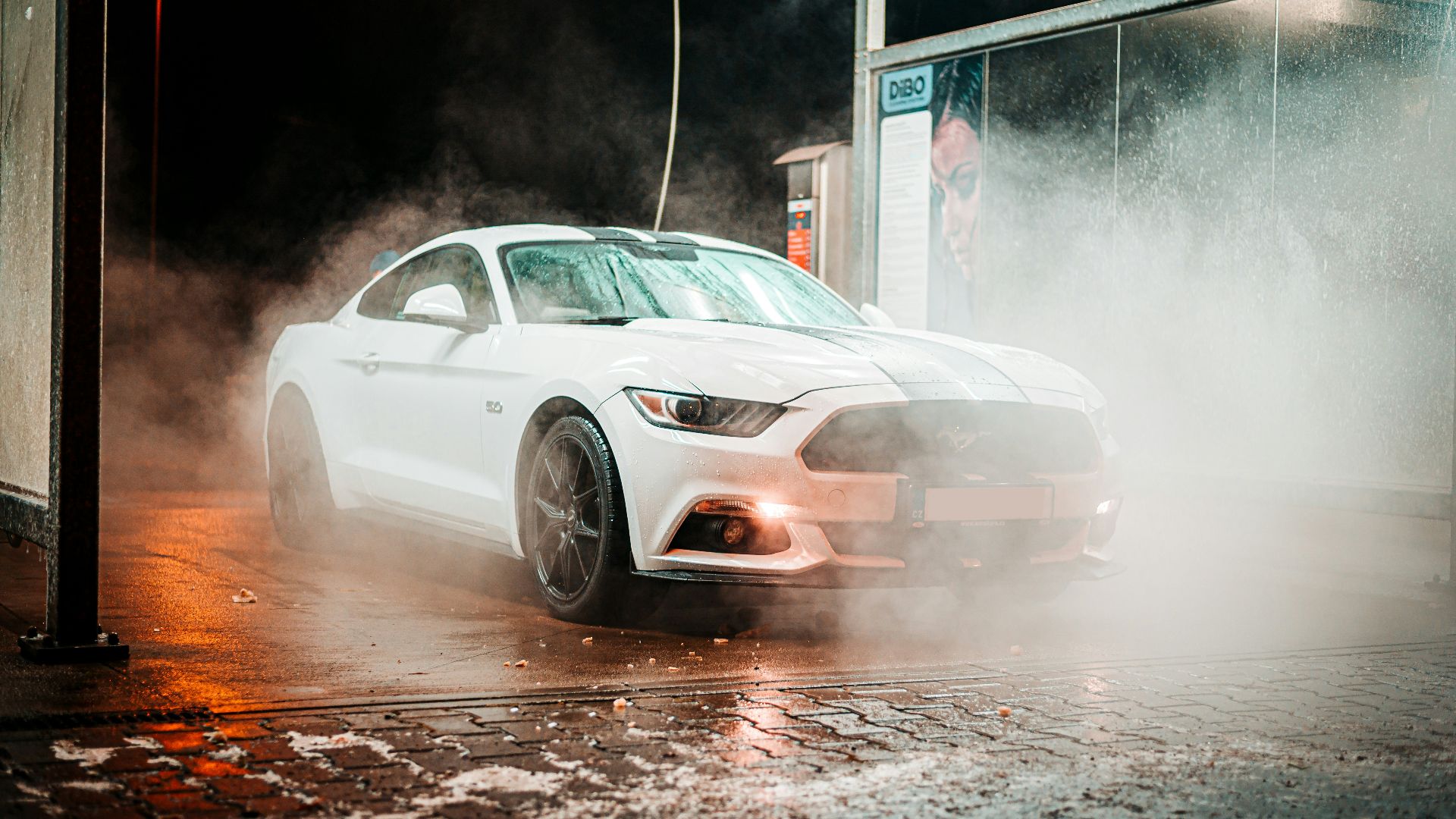 white Ford Mustang coupe
