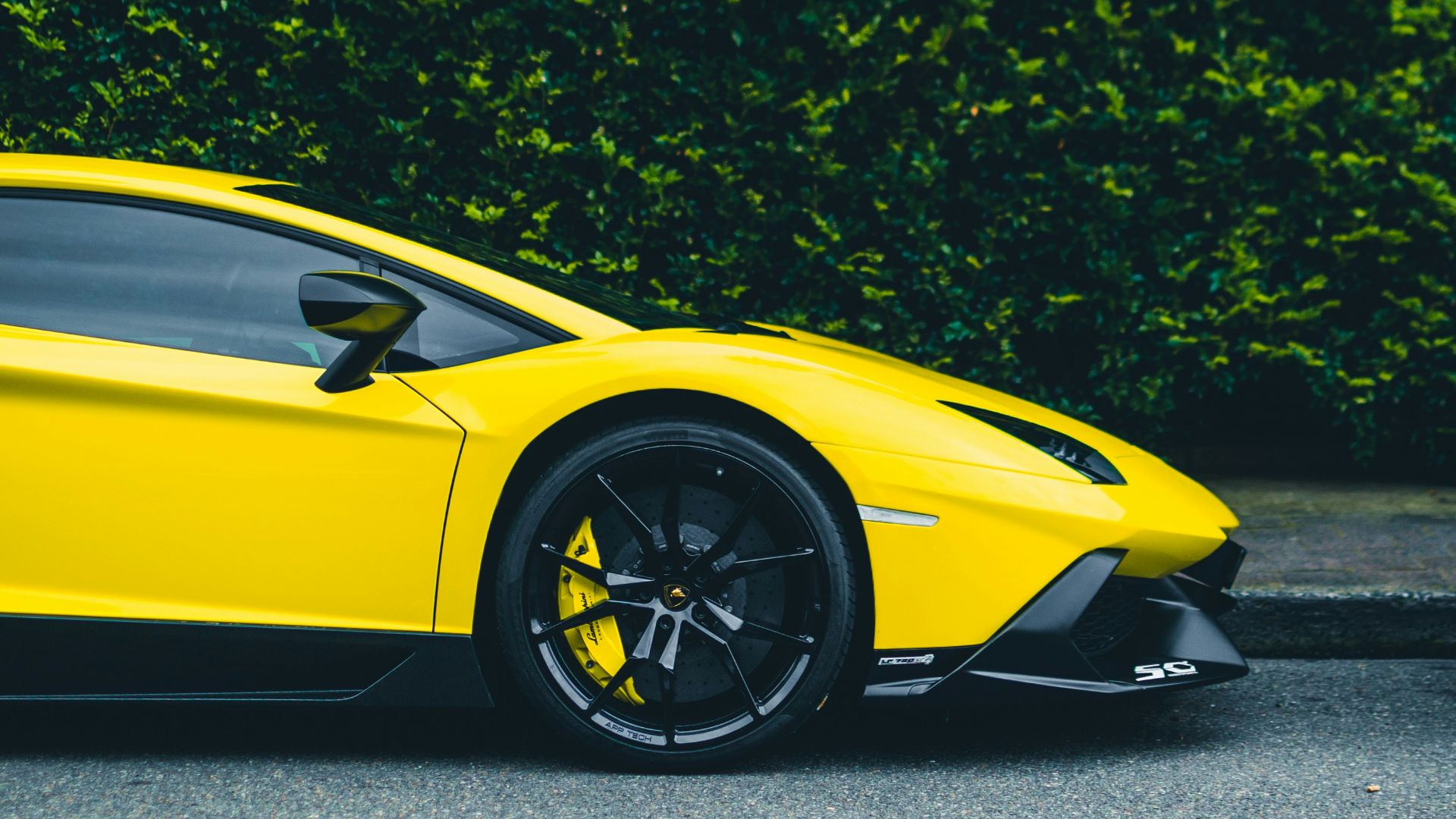 yellow Lamborghini coupe parked beside bush