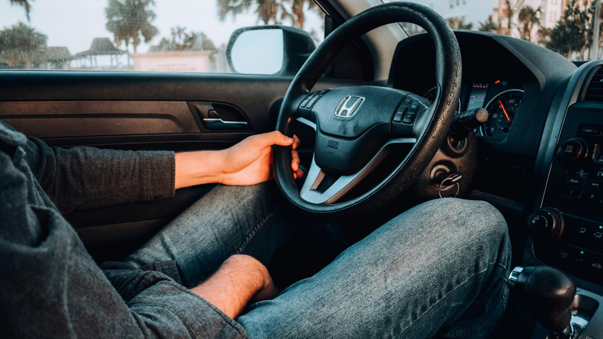 person holding black Honda car steering wheel