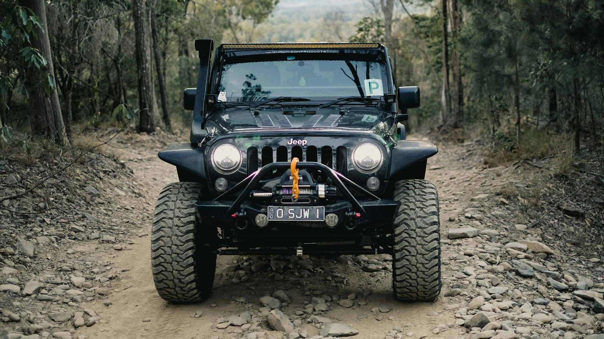 a jeep driving down a dirt road in the woods