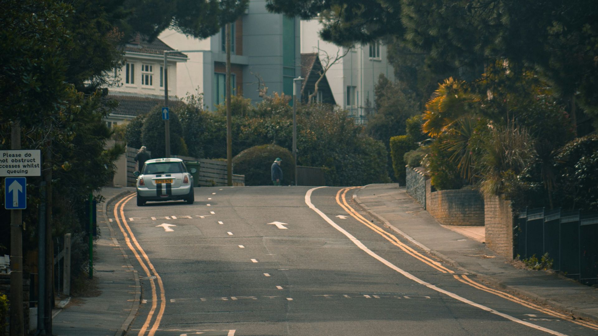 a car driving down a street next to tall trees