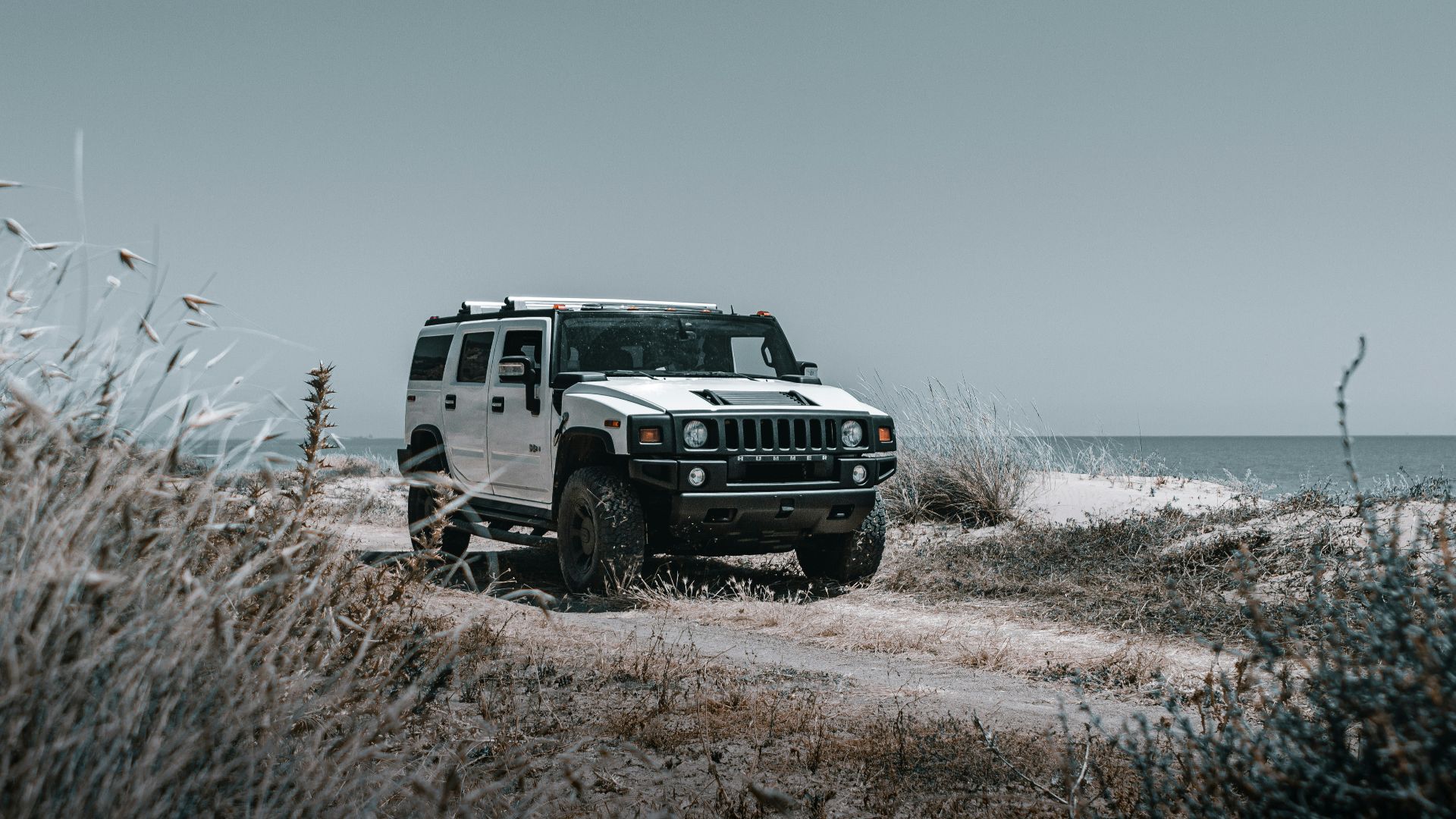 a white jeep driving down a dirt road next to the ocean