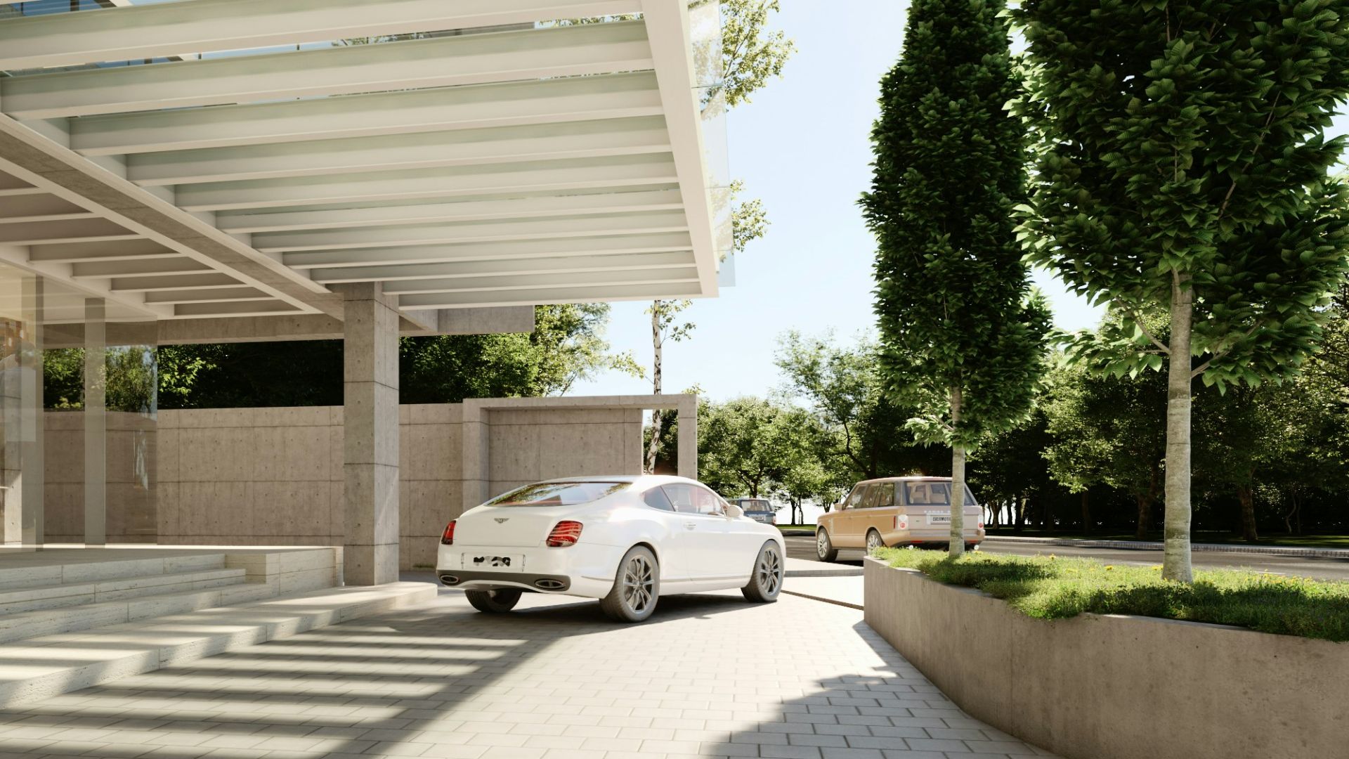 Modern building entrance with a white car arriving.