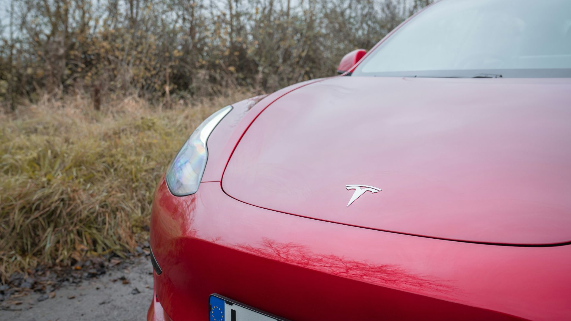 Red tesla car parked outdoors near dry grass