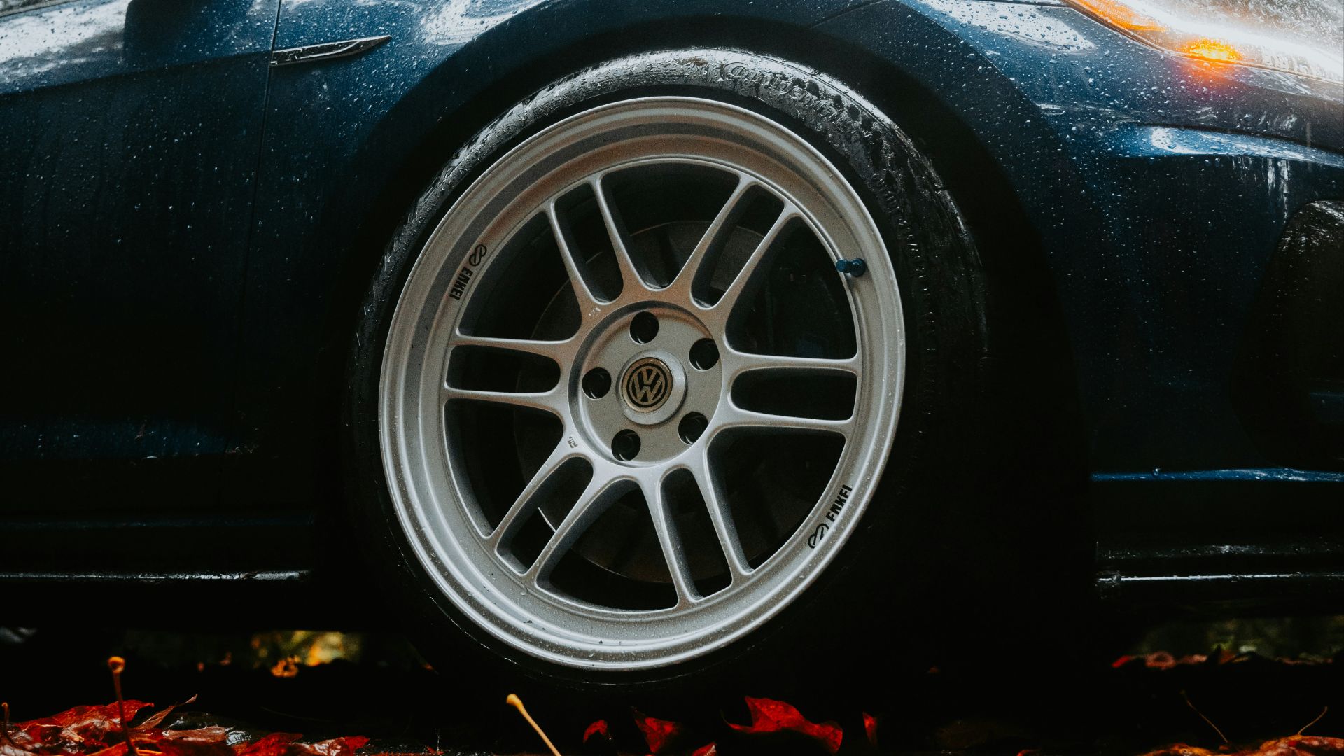 A black sports car parked in a wooded area
