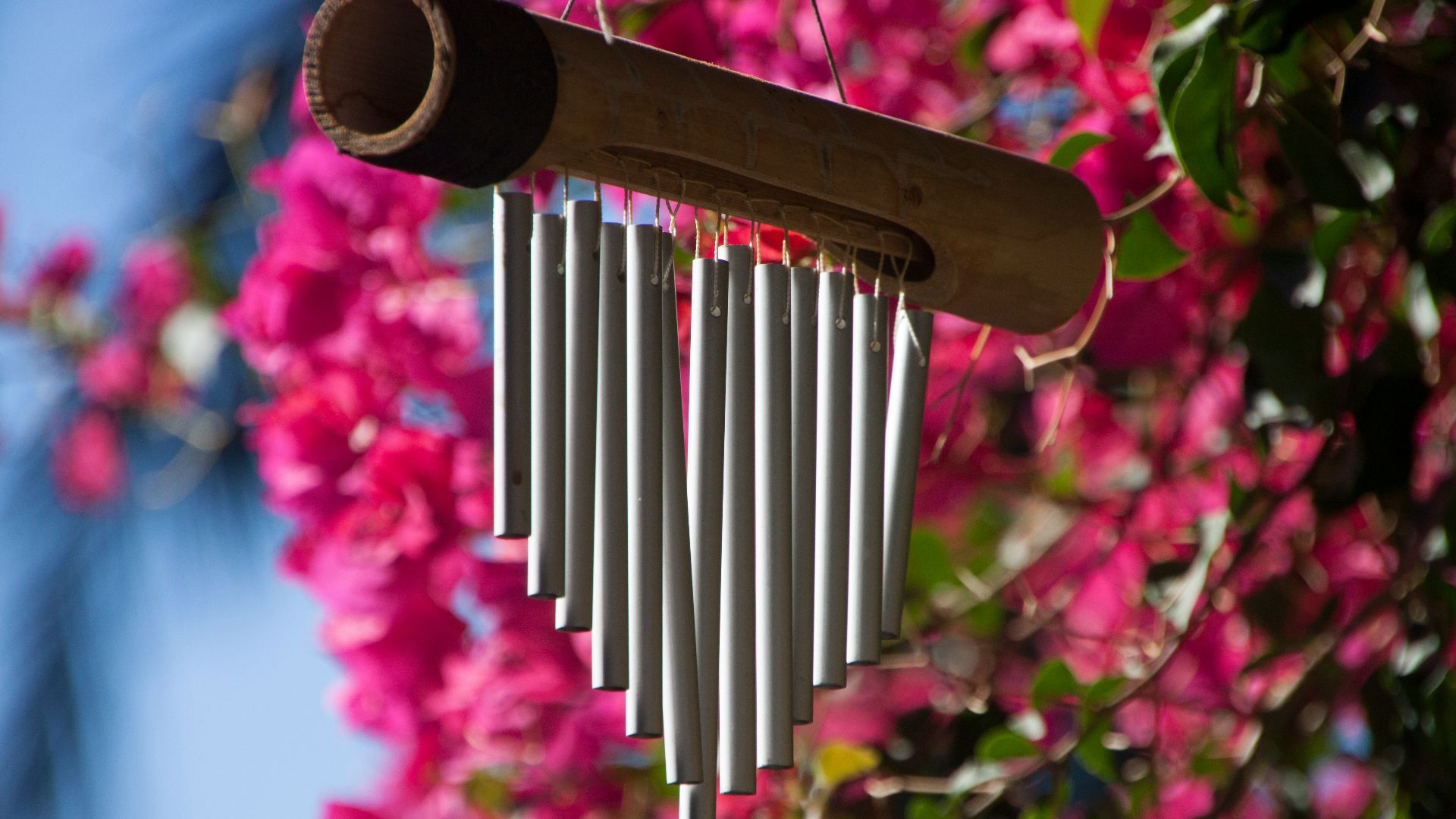 a metal wind chime hanging from a tree