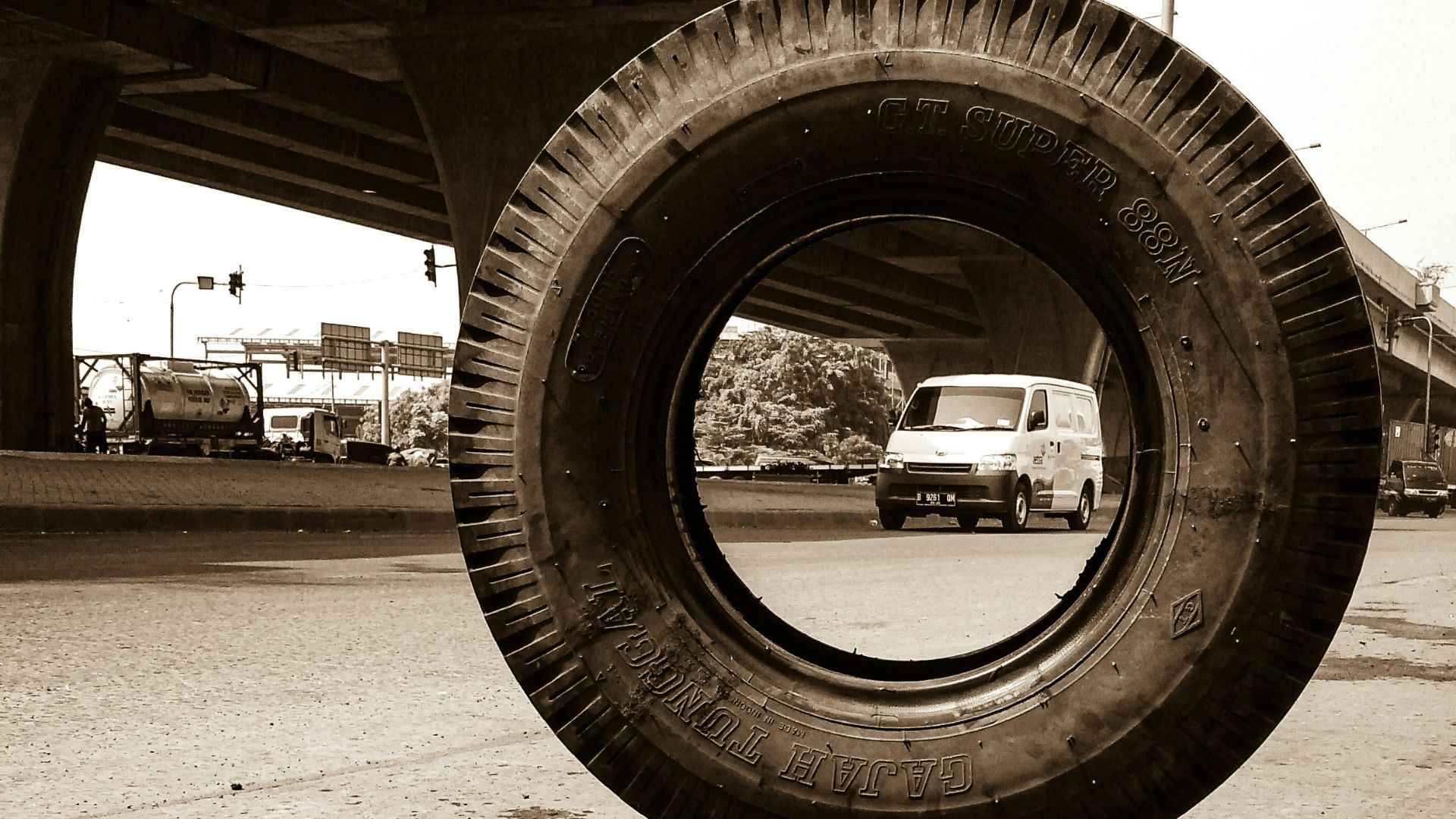 a tire on a road