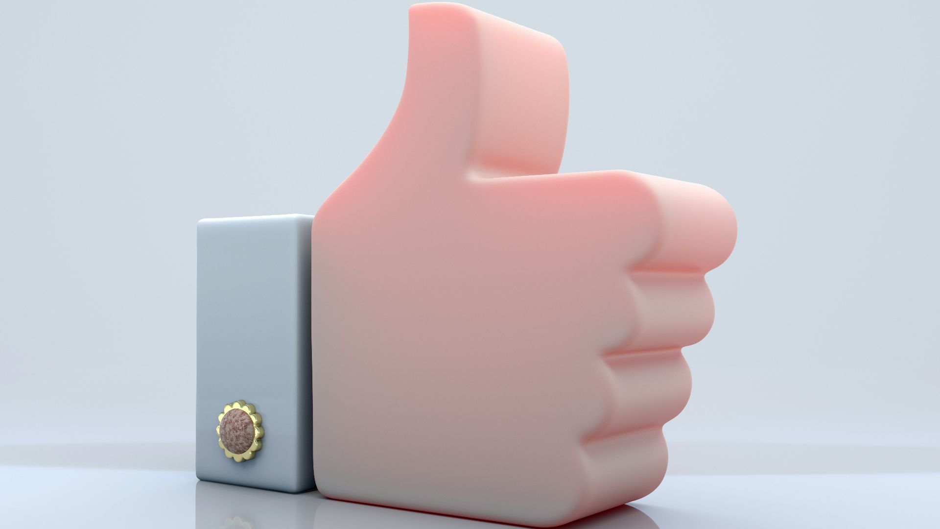 A pink thumb up symbol on a white background.