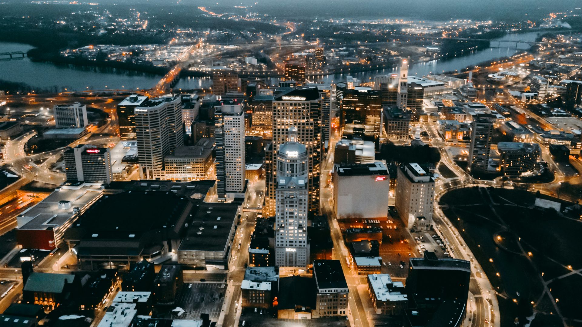 aerial view of city buildings during night time